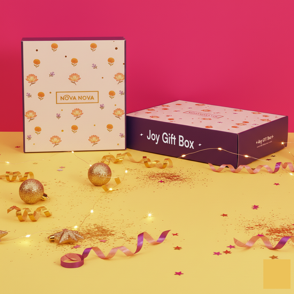 Gift box with 'Nova Nova' branding on a pink and yellow background